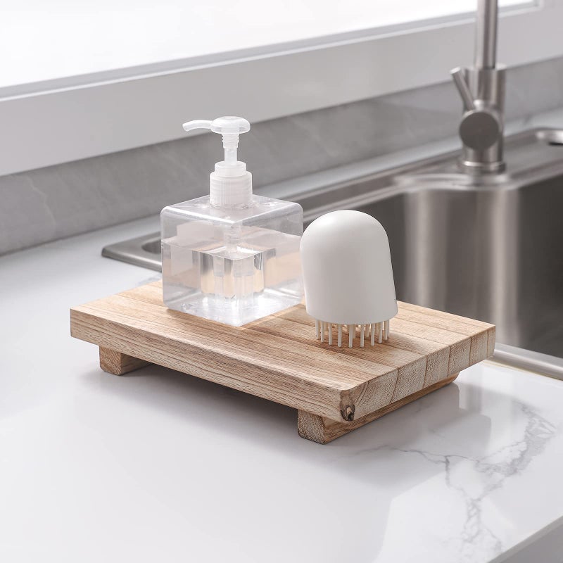 zoocatia Small Wood Tray Pedestal Stand Farmhouse Bathroom Decor Decorative Wooden Riser Kitchen Soap Dish Holder for Vanity  Counter  Sink  9"" x 5.9"" - Brown - Image 3